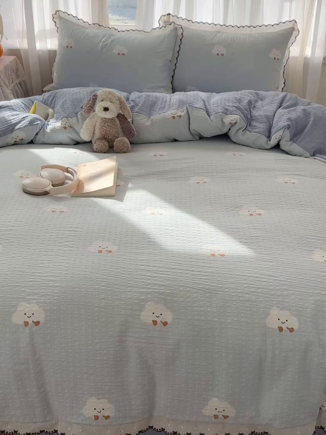 91家纺网 家纺一手货源 找家纺 凯洛奇 2026新款高品质A类泡芙纱甜栗花边套件系列一小红书推荐 云眠奶蓝