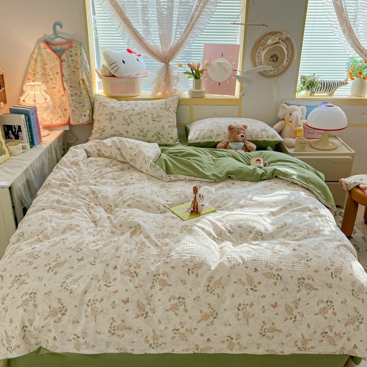 91家纺网 家纺一手货源 找家纺 韩巢家纺 2026新款泡芙纱四件套 蝶栖柔花