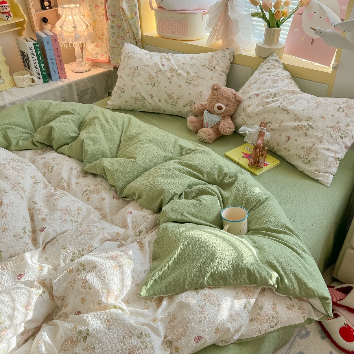 91家纺网 家纺一手货源 找家纺 韩巢家纺 2026新款泡芙纱四件套 蝶栖柔花