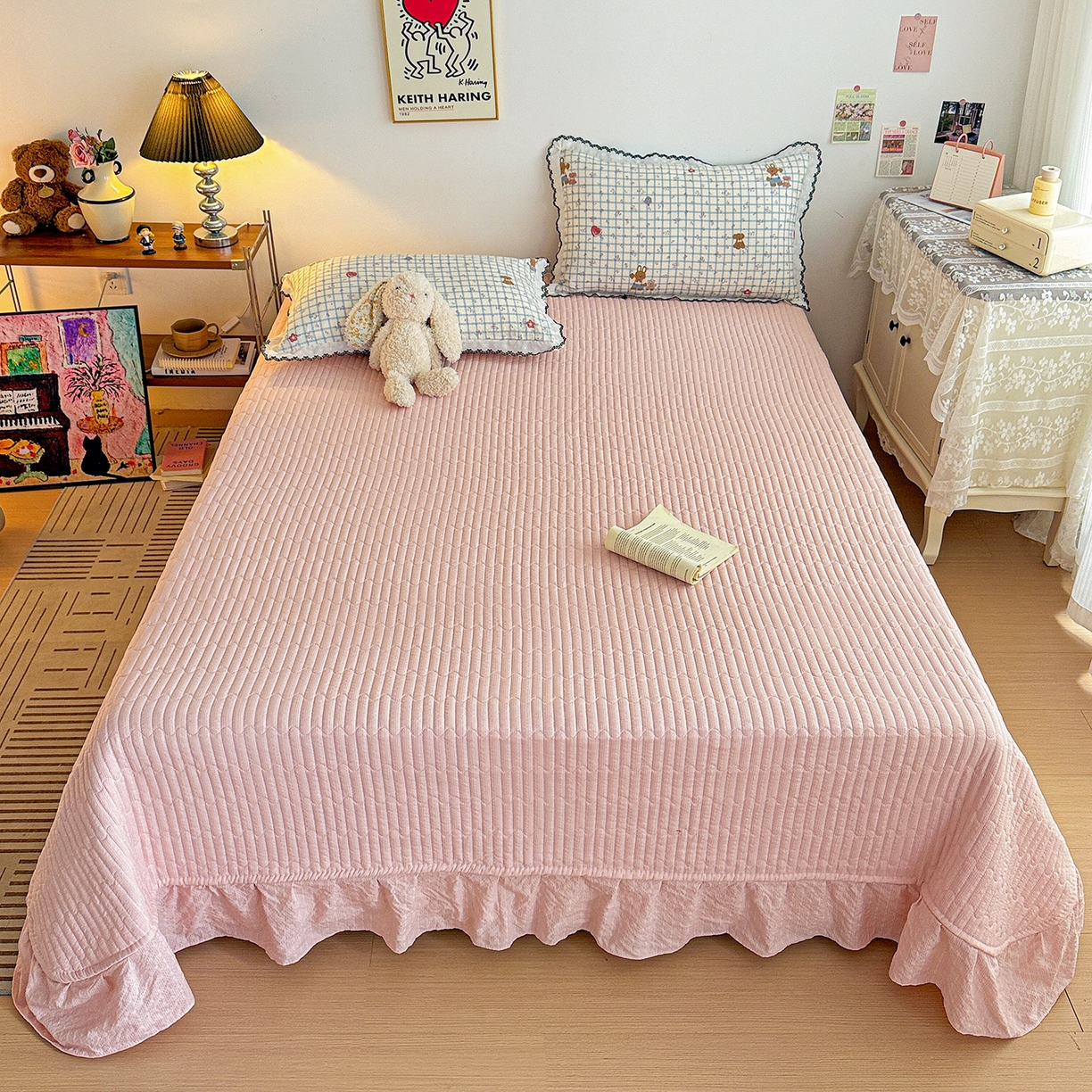 91家纺网 家纺一手货源 找家纺 富米莱（原臻工厂） 2026春夏新款云感泡芙棉复古法式花边床盖床裙被套夏凉被四件套一小红书推荐 复古花边-春日小熊