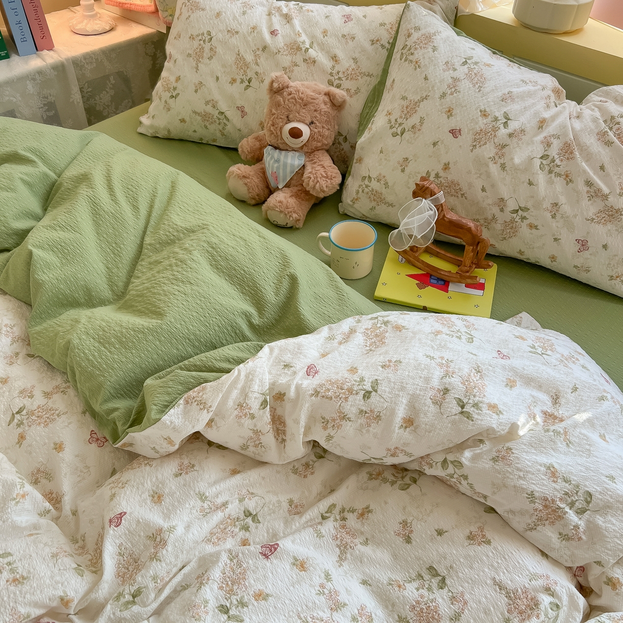 91家纺网 家纺一手货源 找家纺 韩巢家纺 2026新款泡芙纱四件套 蝶栖柔花