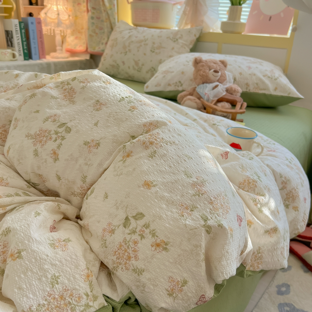 91家纺网 家纺一手货源 找家纺 韩巢家纺 2026新款泡芙纱四件套 蝶栖柔花