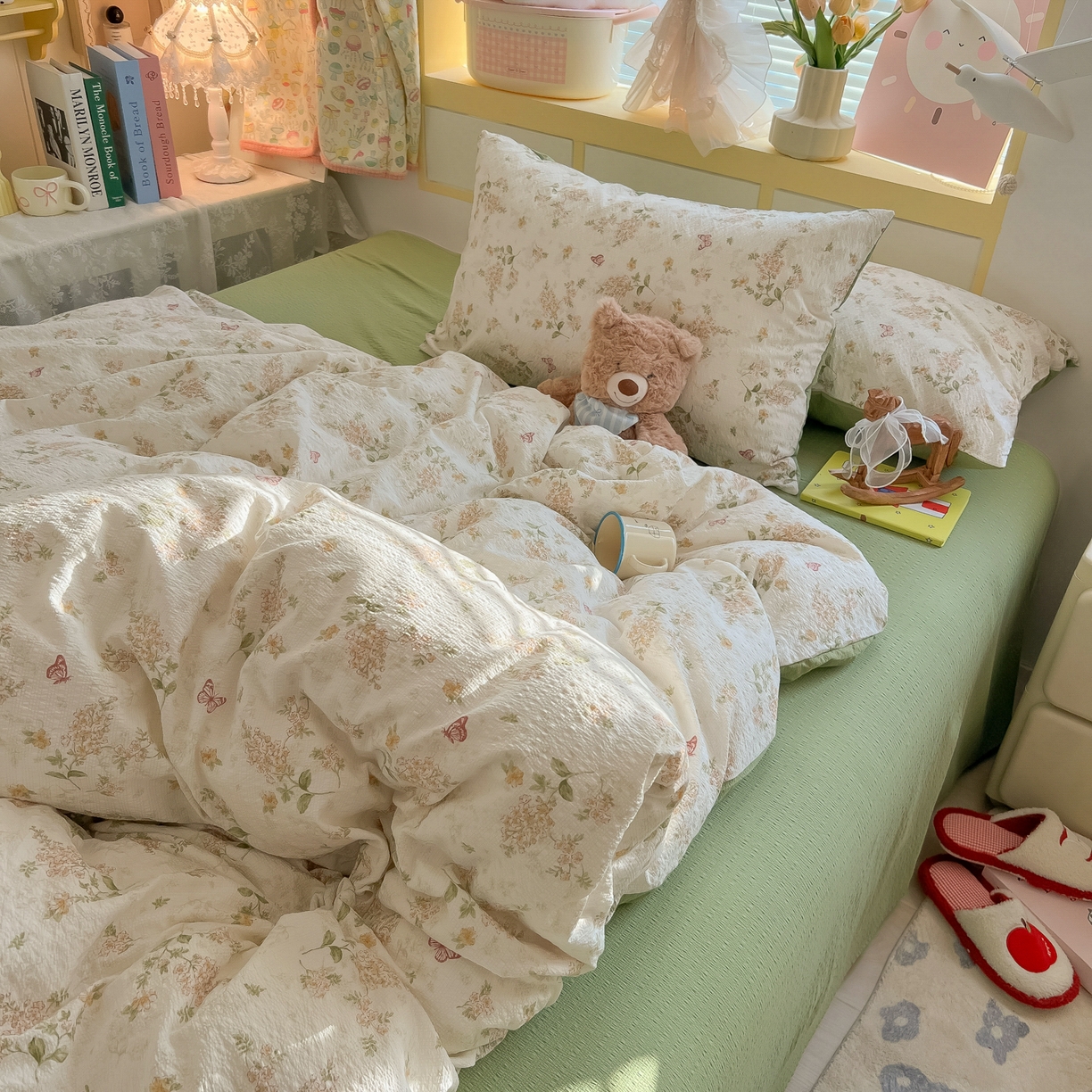 91家纺网 家纺一手货源 找家纺 韩巢家纺 2026新款泡芙纱四件套 蝶栖柔花