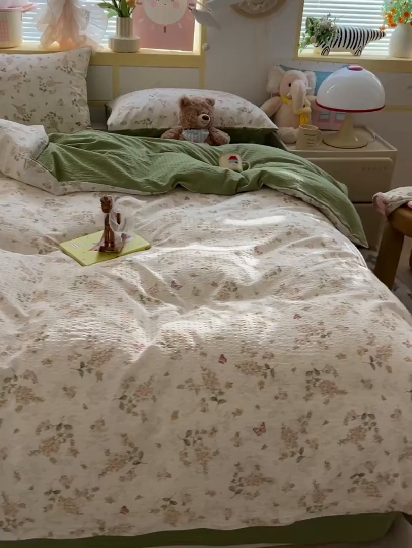 91家纺网 家纺一手货源 找家纺 韩巢家纺 2026新款泡芙纱四件套 蝶栖柔花