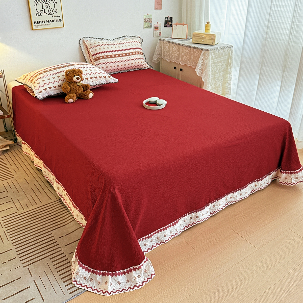 91家纺网 家纺一手货源 找家纺 富米莱（原臻工厂） 2026春夏新款云感泡芙棉复古法式花边床盖床裙被套夏凉被四件套一小红书推荐 复古花边-费尔岛娃娃