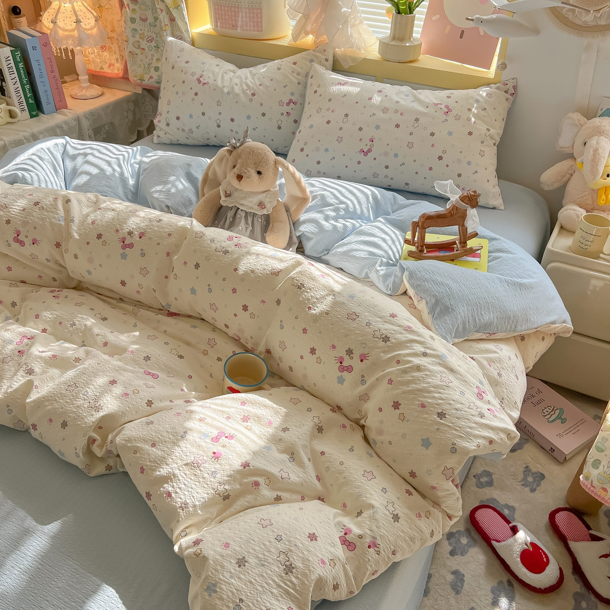 91家纺网 家纺一手货源 找家纺 韩巢家纺 2026新款泡芙纱四件套 躲猫猫