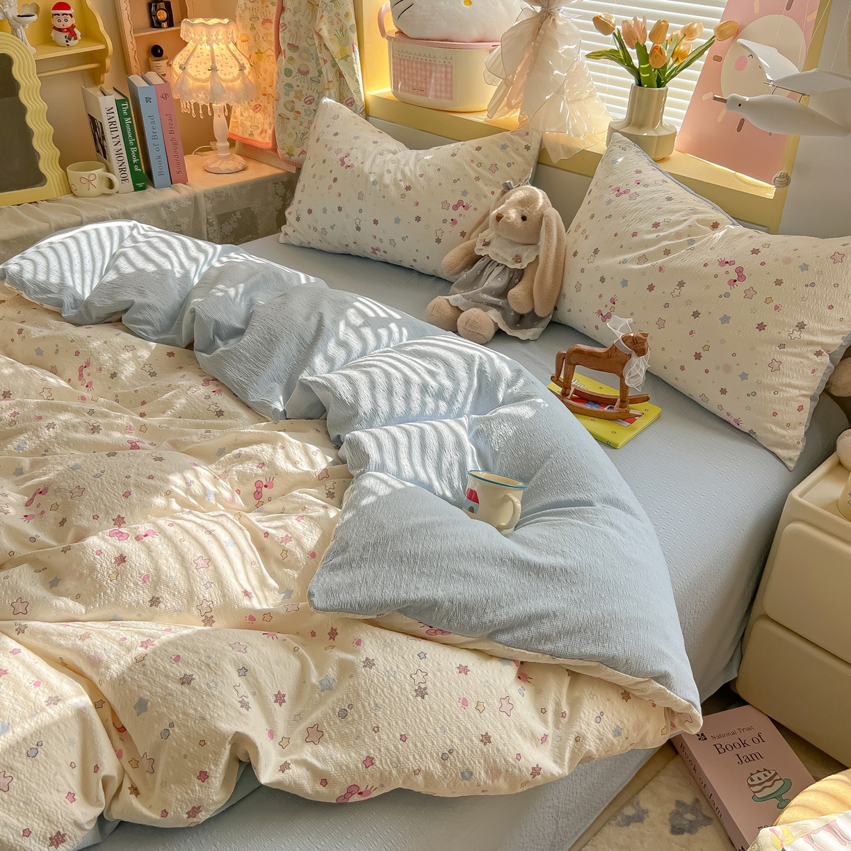 91家纺网 家纺一手货源 找家纺 韩巢家纺 2026新款泡芙纱四件套 躲猫猫