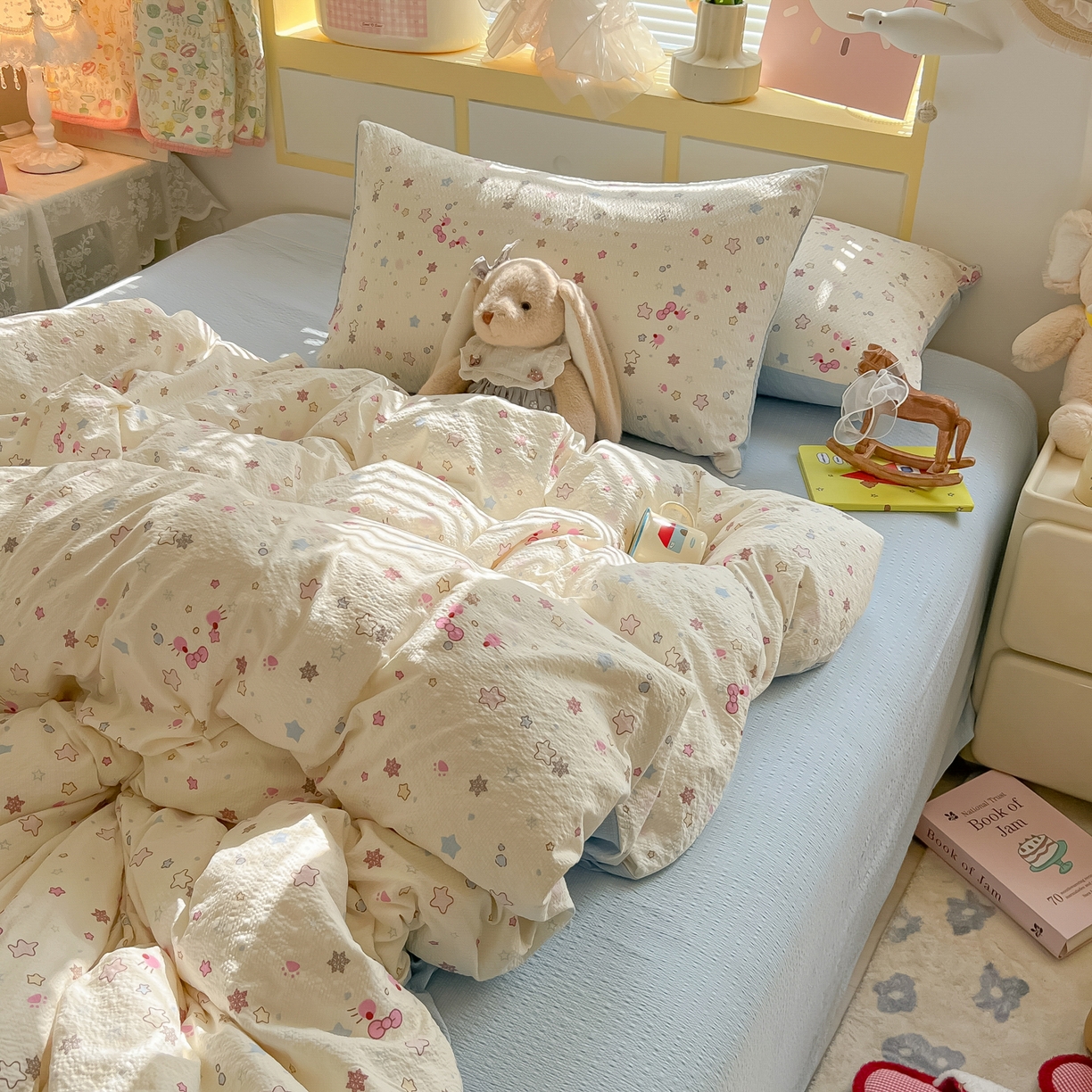 91家纺网 家纺一手货源 找家纺 韩巢家纺 2026新款泡芙纱四件套 躲猫猫