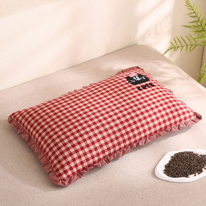 蔻眠 全棉毛巾绣全荞麦枕头儿童学生花边款护颈枕芯 红色猫