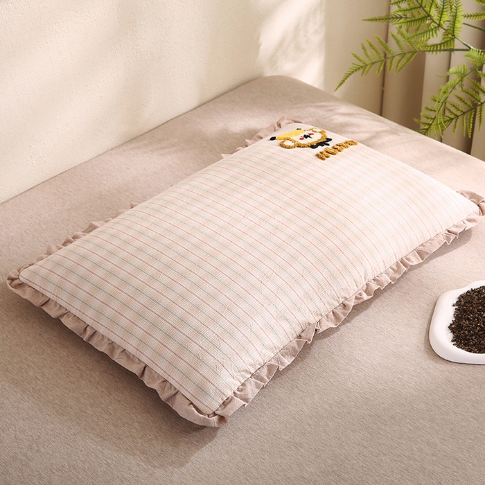 91家纺网 家纺一手货源 找家纺 蔻眠 全棉毛巾绣全荞麦枕头儿童学生花边款护颈枕芯 咖色猴