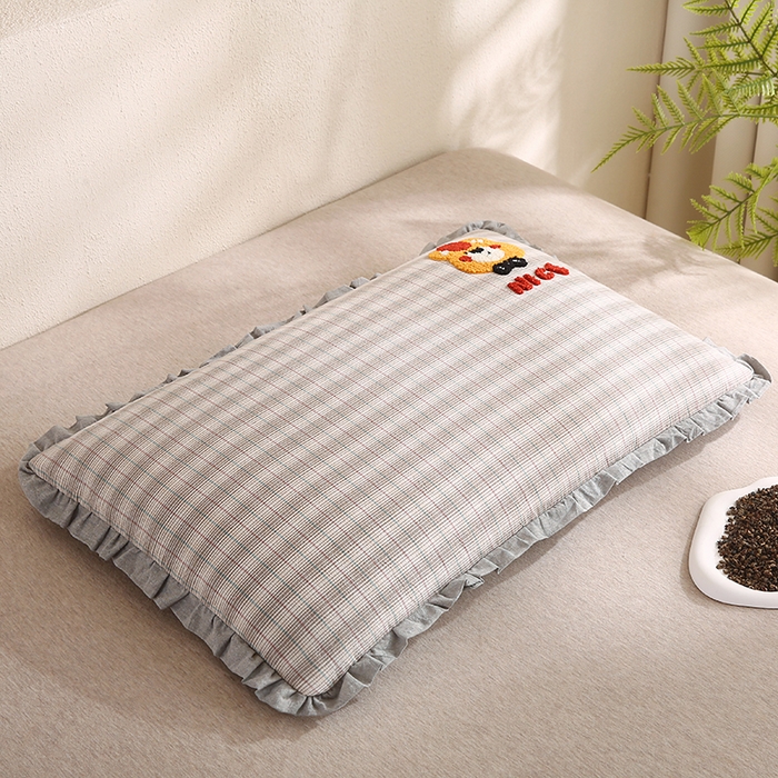 蔻眠 全棉毛巾绣全荞麦枕头儿童学生花边款护颈枕芯 灰色熊