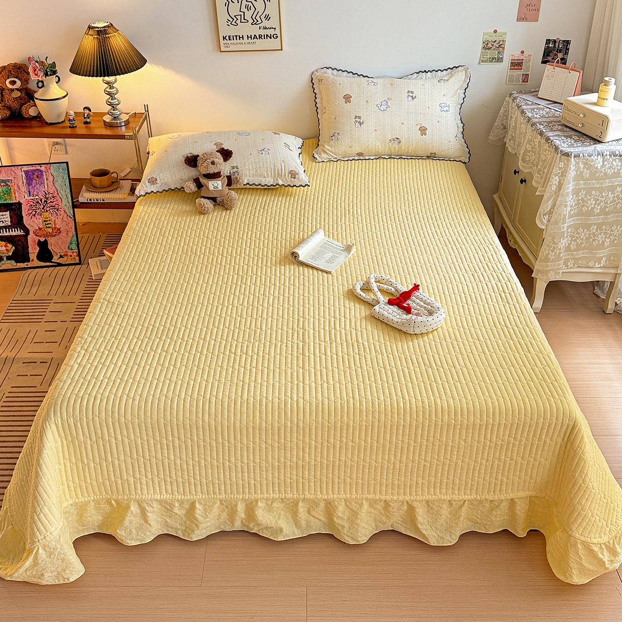 91家纺网 家纺一手货源 找家纺 富米莱（原臻工厂） 2026春夏新款云感泡芙棉复古法式花边床盖床裙被套夏凉被四件套一小红书推荐 复古花边-奶萌狗