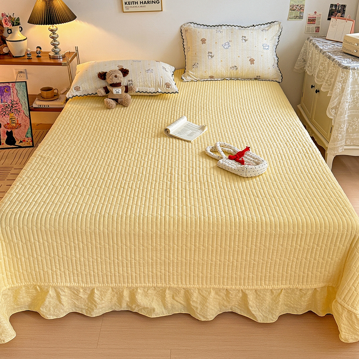 91家纺网 家纺一手货源 找家纺 富米莱（原臻工厂） 2026春夏新款云感泡芙棉复古法式花边床盖床裙被套夏凉被四件套一小红书推荐 复古花边-奶萌狗