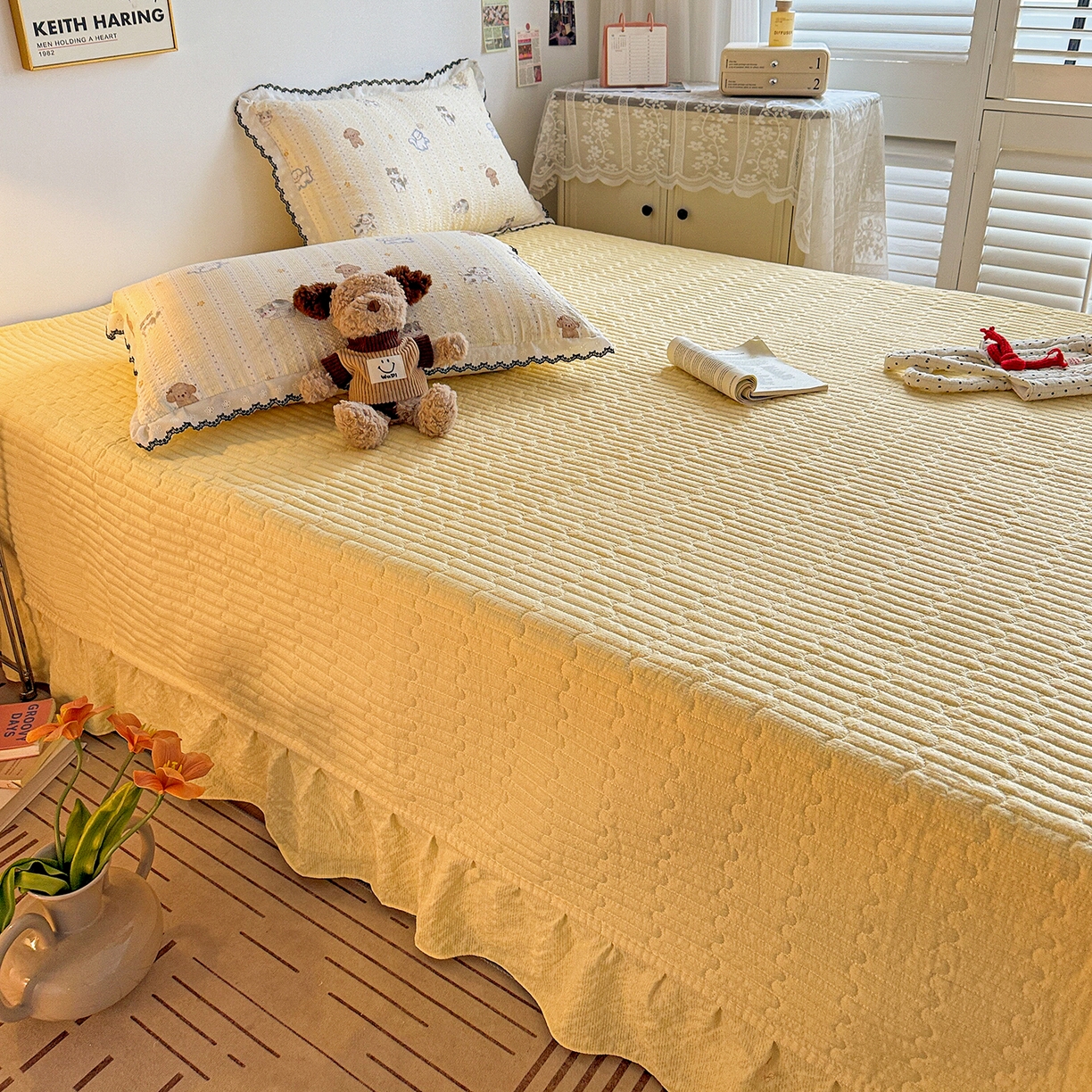 91家纺网 家纺一手货源 找家纺 富米莱（原臻工厂） 2026春夏新款云感泡芙棉复古法式花边床盖床裙被套夏凉被四件套一小红书推荐 复古花边-奶萌狗