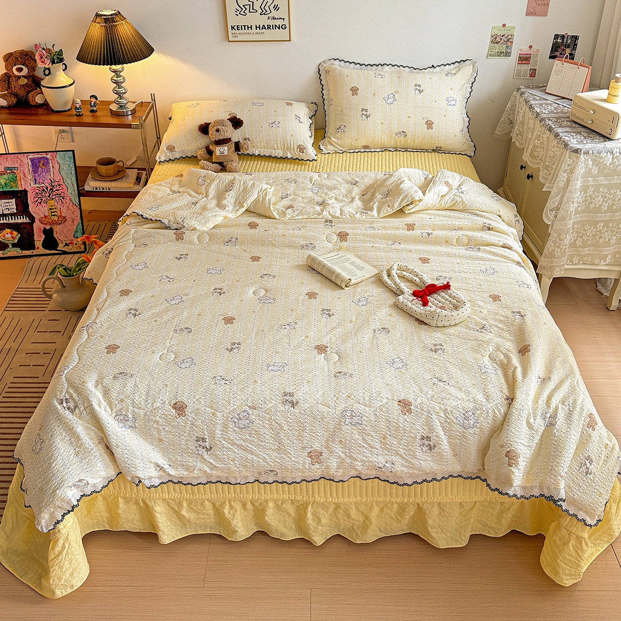 91家纺网 家纺一手货源 找家纺 富米莱（原臻工厂） 2026春夏新款云感泡芙棉复古法式花边床盖床裙被套夏凉被四件套一小红书推荐 复古花边-奶萌狗