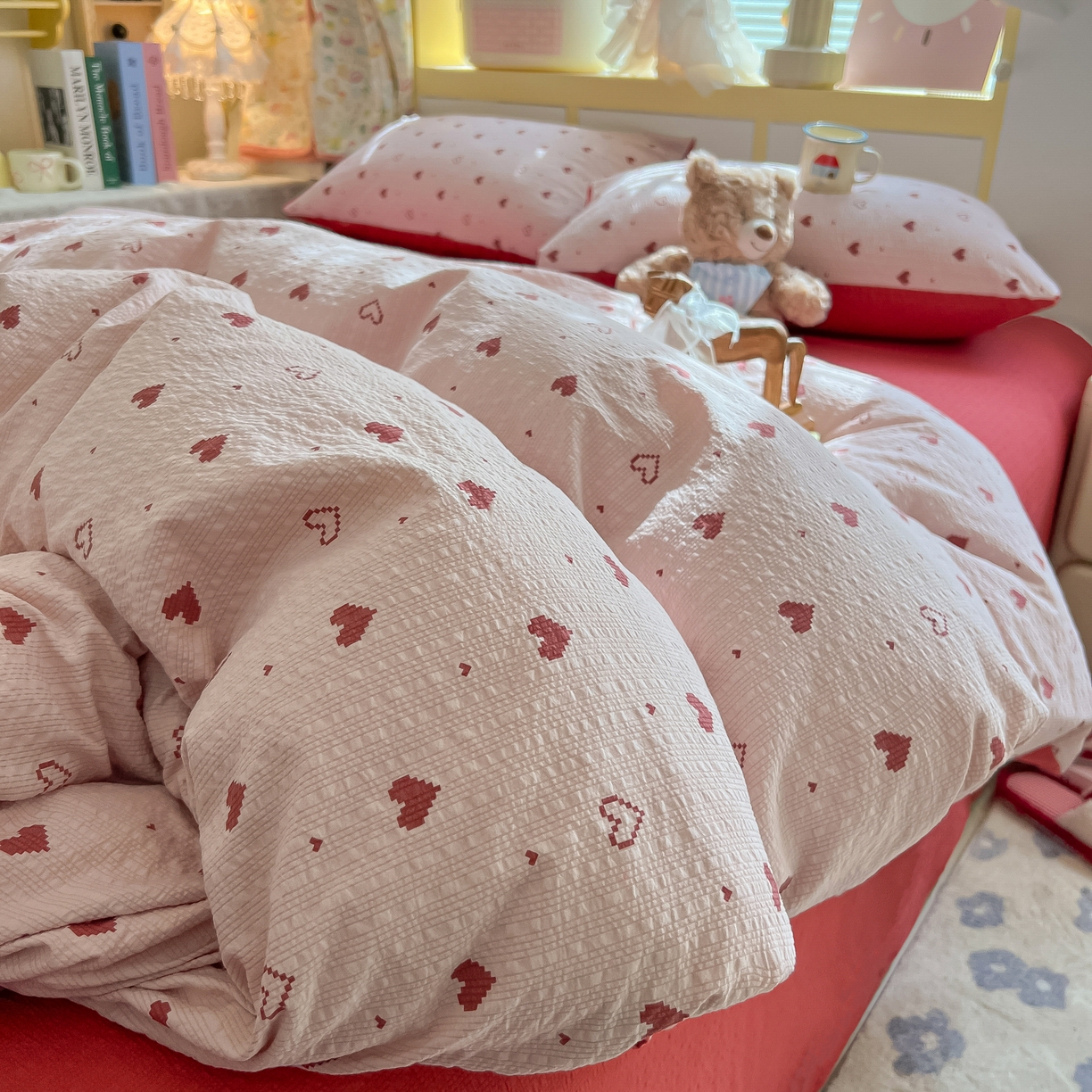 韩巢家纺 2026新款泡芙纱四件套 朦胧粉心