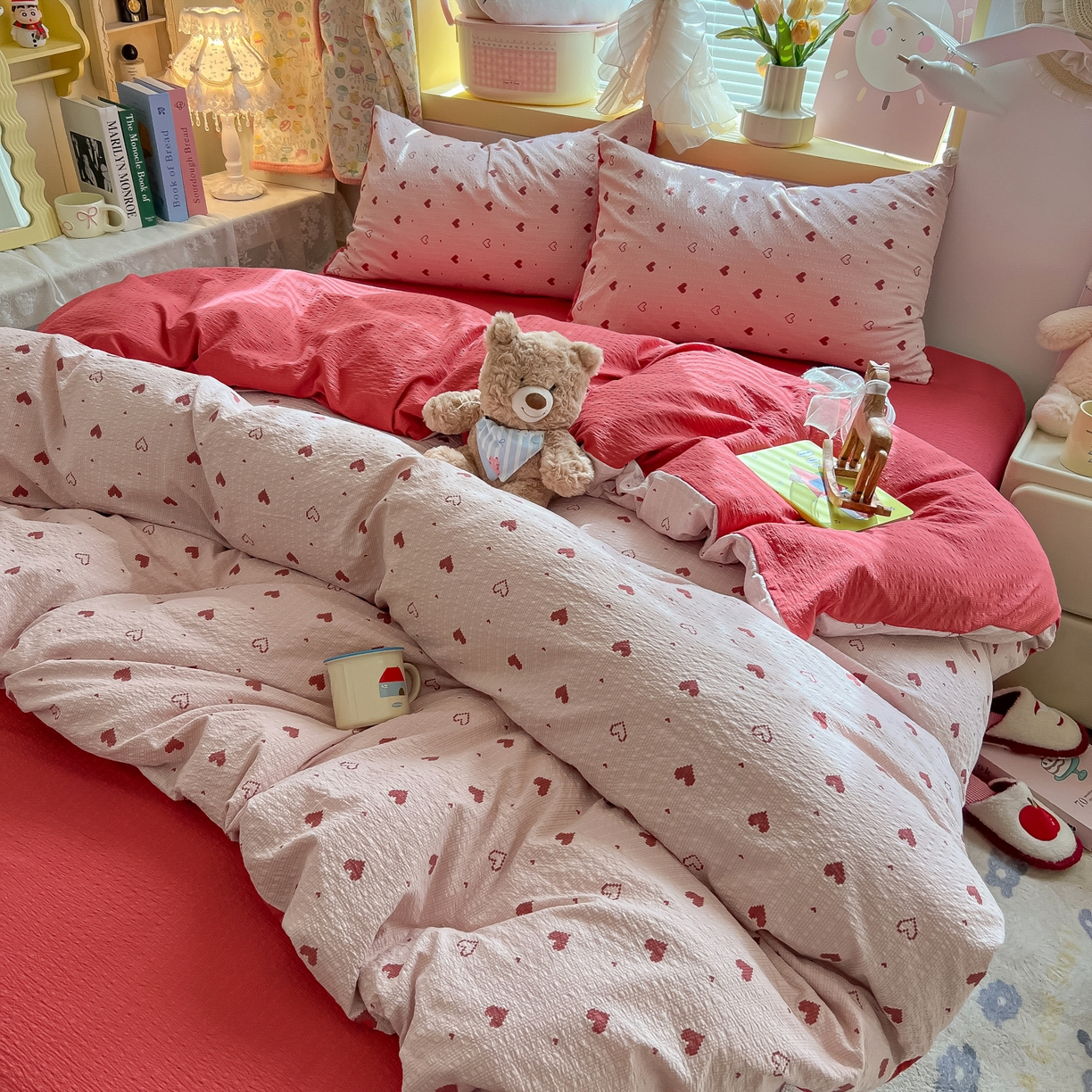 91家纺网 家纺一手货源 找家纺 韩巢家纺 2026新款泡芙纱四件套 朦胧粉心