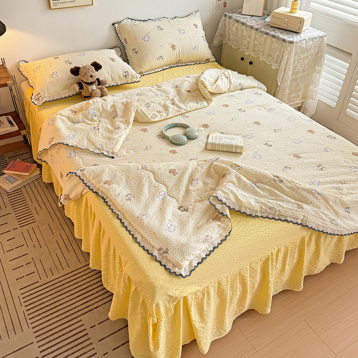 91家纺网 家纺一手货源 找家纺 富米莱（原臻工厂） 2026春夏新款云感泡芙棉复古法式花边床盖床裙被套夏凉被四件套一小红书推荐 复古花边-奶萌狗