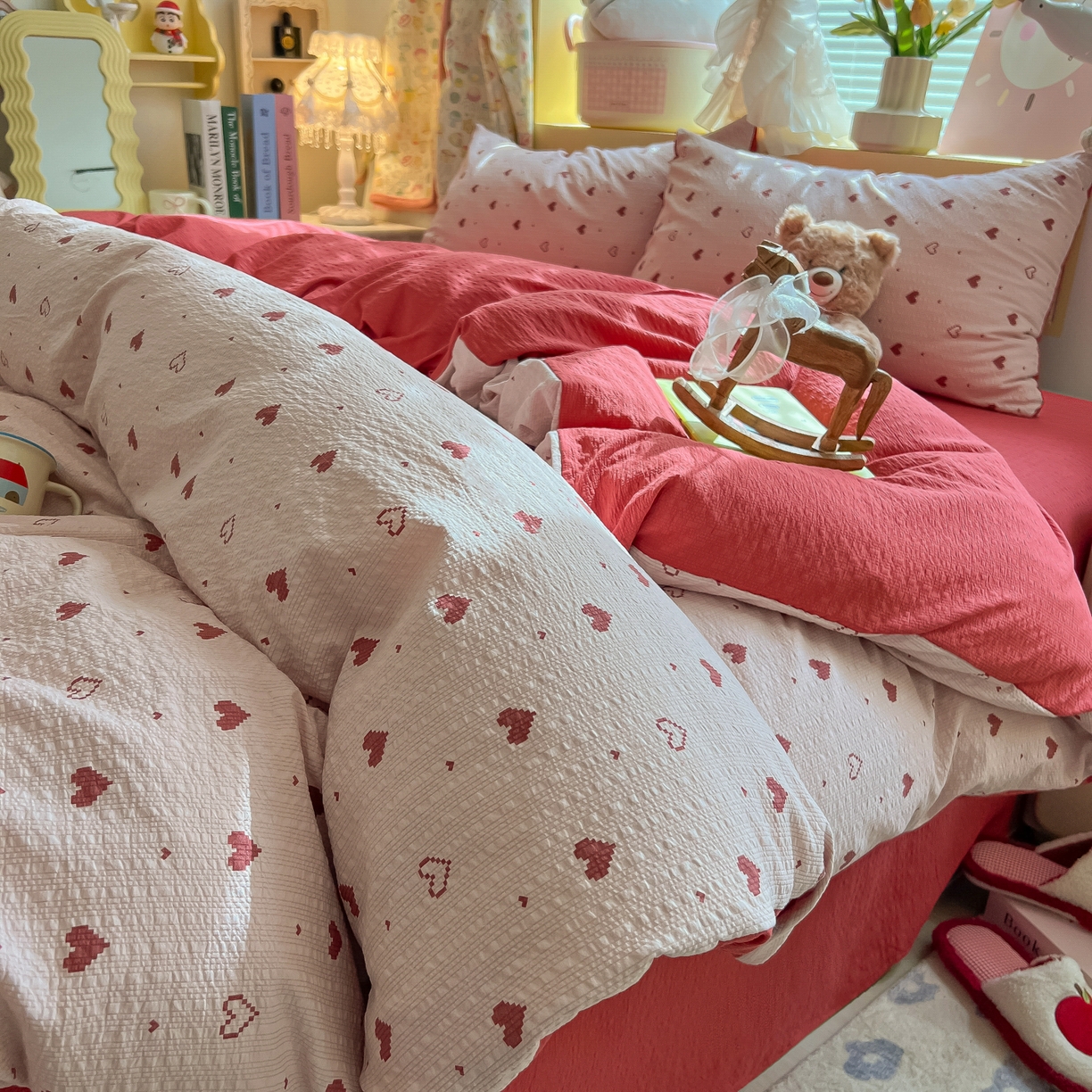 91家纺网 家纺一手货源 找家纺 韩巢家纺 2026新款泡芙纱四件套 朦胧粉心