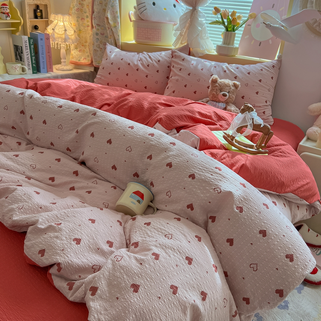 91家纺网 家纺一手货源 找家纺 韩巢家纺 2026新款泡芙纱四件套 朦胧粉心