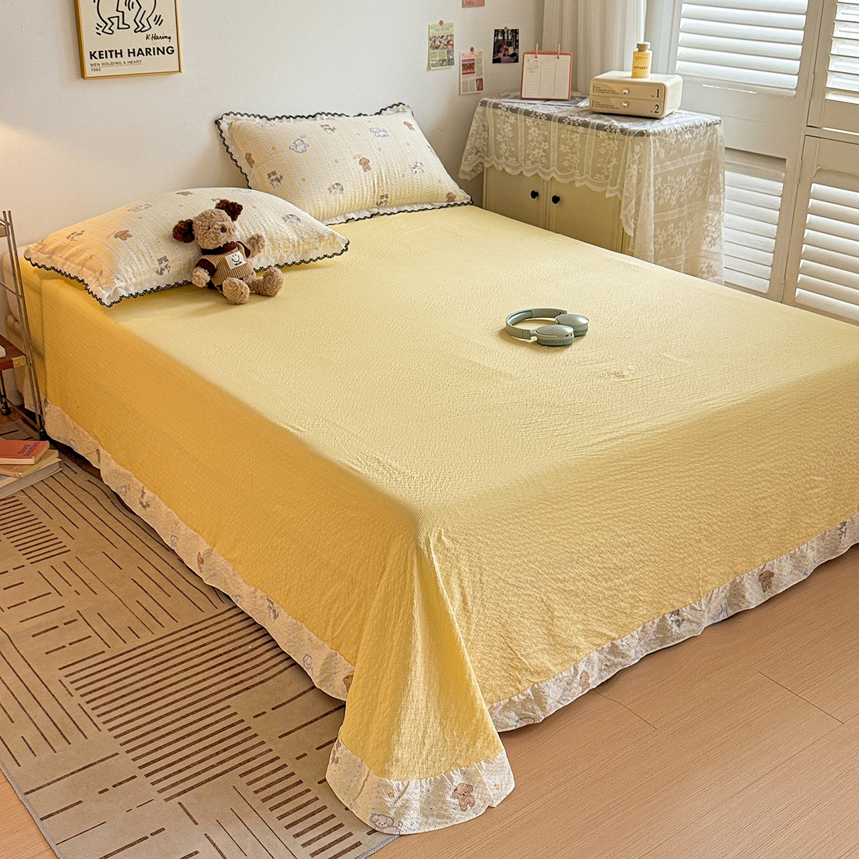 91家纺网 家纺一手货源 找家纺 富米莱（原臻工厂） 2026春夏新款云感泡芙棉复古法式花边床盖床裙被套夏凉被四件套一小红书推荐 复古花边-奶萌狗