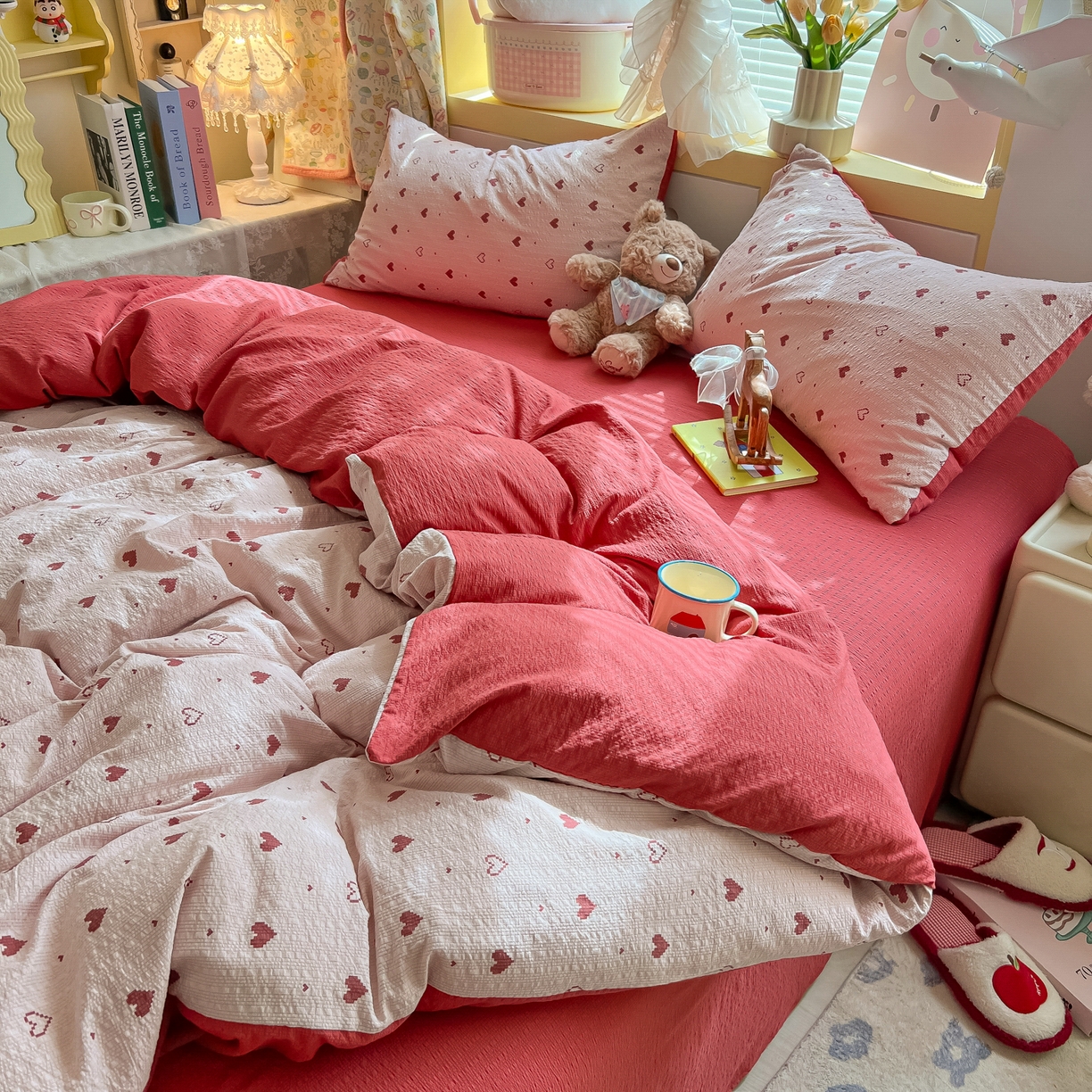 91家纺网 家纺一手货源 找家纺 韩巢家纺 2026新款泡芙纱四件套 朦胧粉心