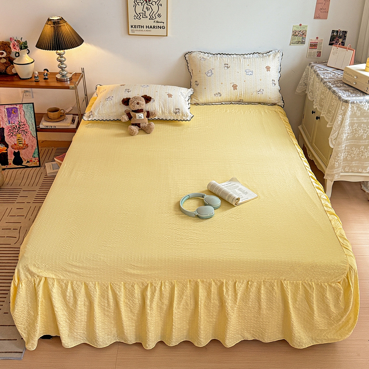 91家纺网 家纺一手货源 找家纺 富米莱（原臻工厂） 2026春夏新款云感泡芙棉复古法式花边床盖床裙被套夏凉被四件套一小红书推荐 复古花边-奶萌狗