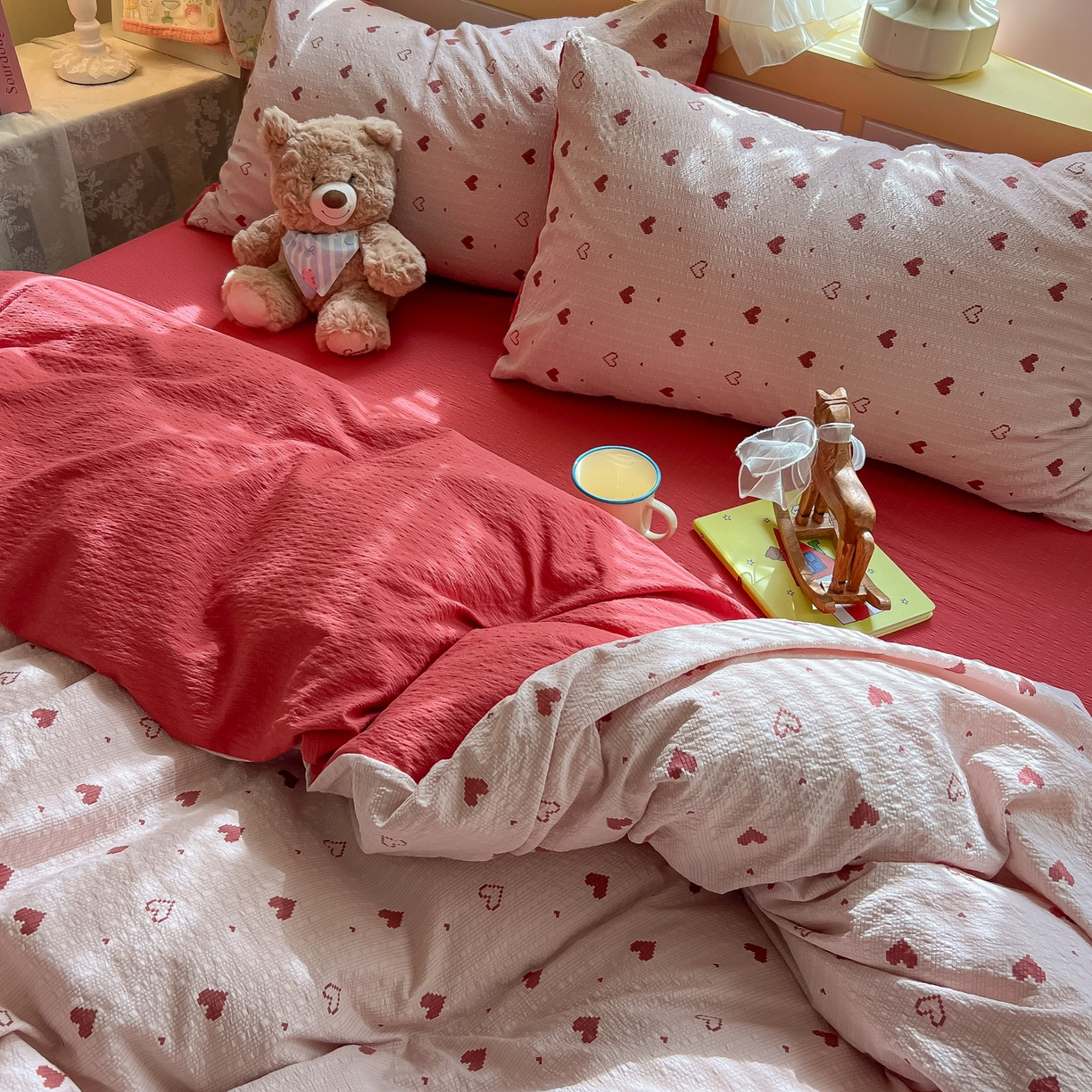 91家纺网 家纺一手货源 找家纺 韩巢家纺 2026新款泡芙纱四件套 朦胧粉心