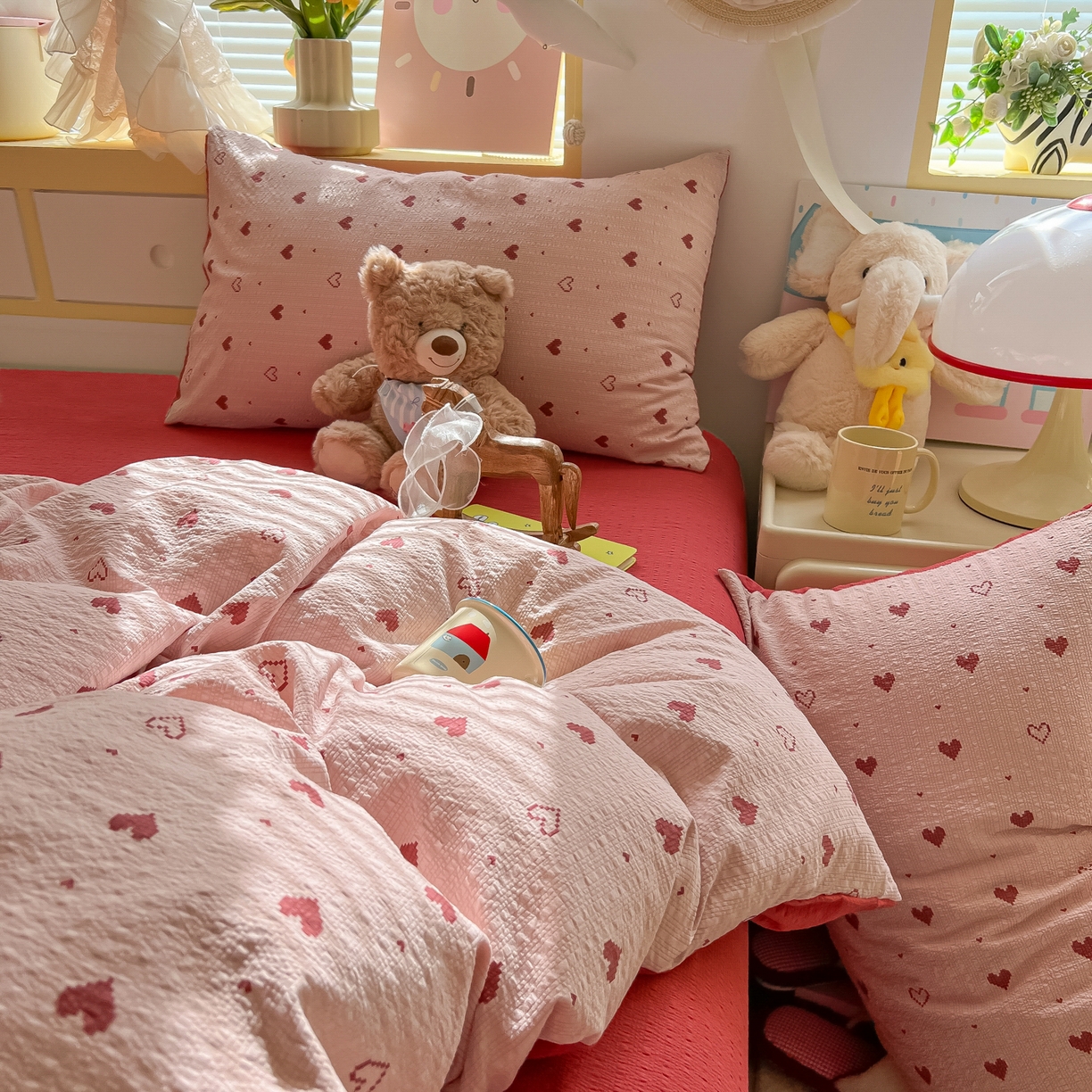 91家纺网 家纺一手货源 找家纺 韩巢家纺 2026新款泡芙纱四件套 朦胧粉心