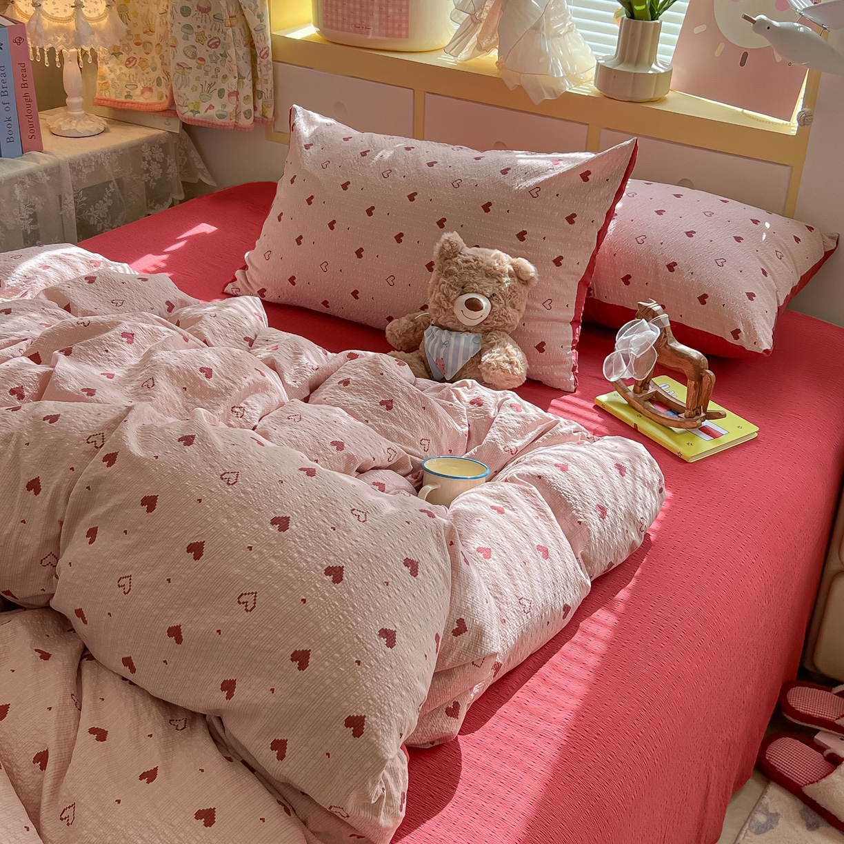 91家纺网 家纺一手货源 找家纺 韩巢家纺 2026新款泡芙纱四件套 朦胧粉心