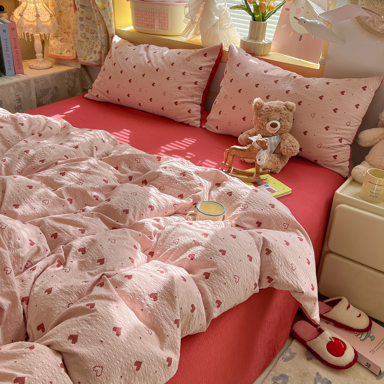 91家纺网 家纺一手货源 找家纺 韩巢家纺 2026新款泡芙纱四件套 朦胧粉心