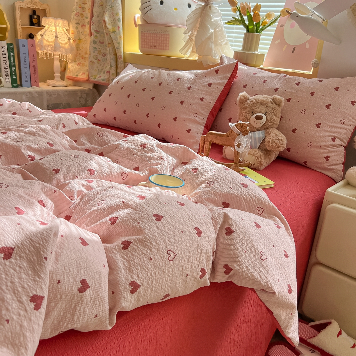 91家纺网 家纺一手货源 找家纺 韩巢家纺 2026新款泡芙纱四件套 朦胧粉心