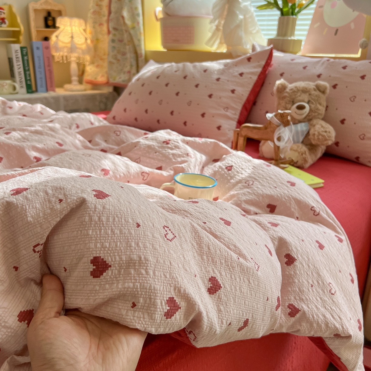 91家纺网 家纺一手货源 找家纺 韩巢家纺 2026新款泡芙纱四件套 朦胧粉心