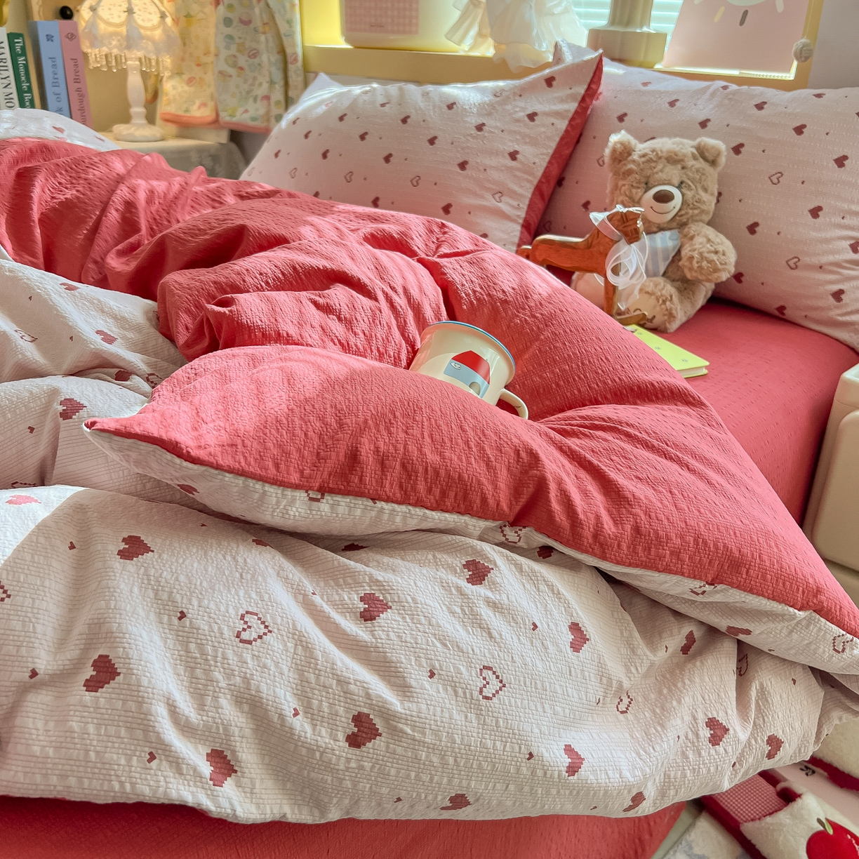 91家纺网 家纺一手货源 找家纺 韩巢家纺 2026新款泡芙纱四件套 朦胧粉心