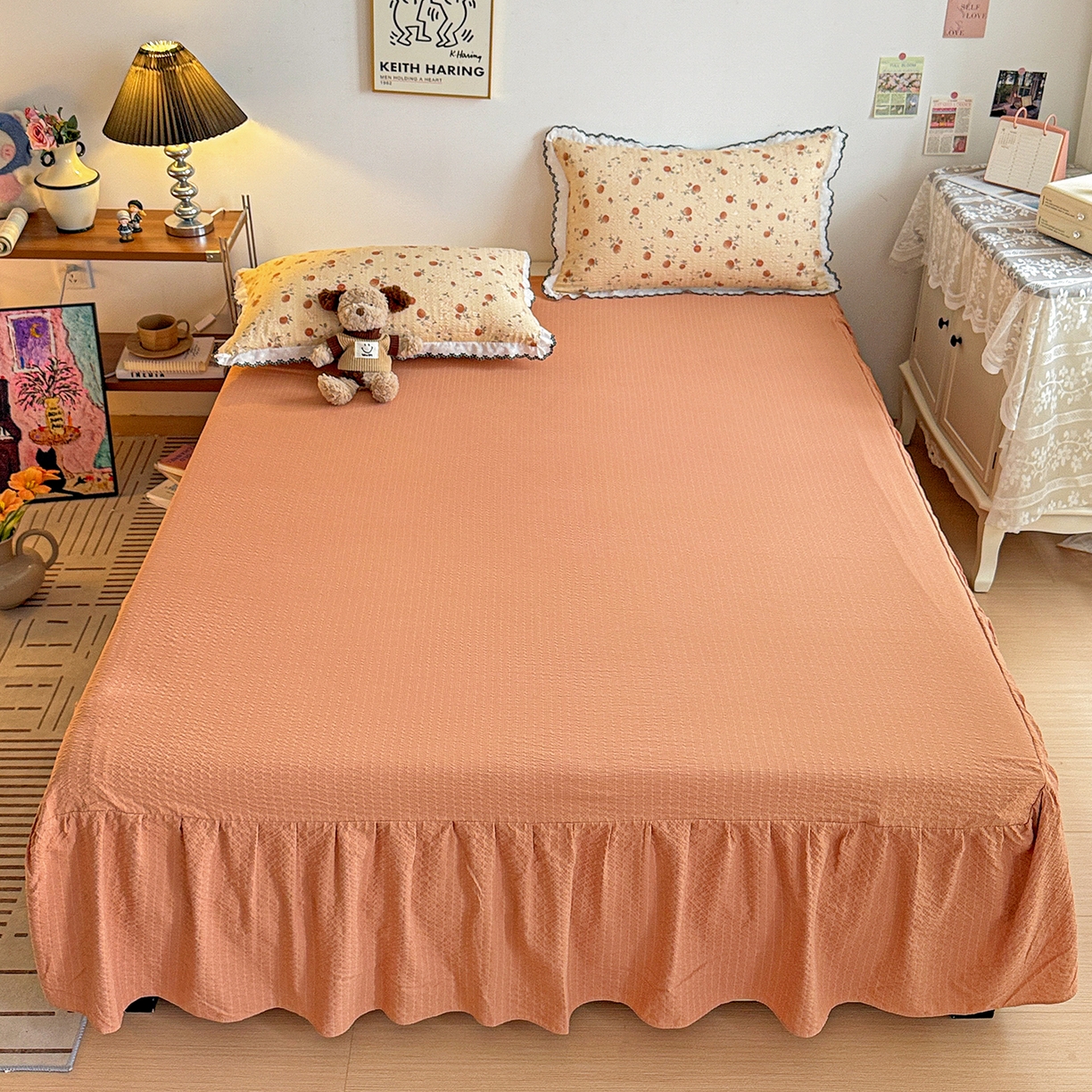 91家纺网 家纺一手货源 找家纺 富米莱（原臻工厂） 2026春夏新款云感泡芙棉复古法式花边床盖床裙被套夏凉被四件套一小红书推荐 复古花边-秋日果园