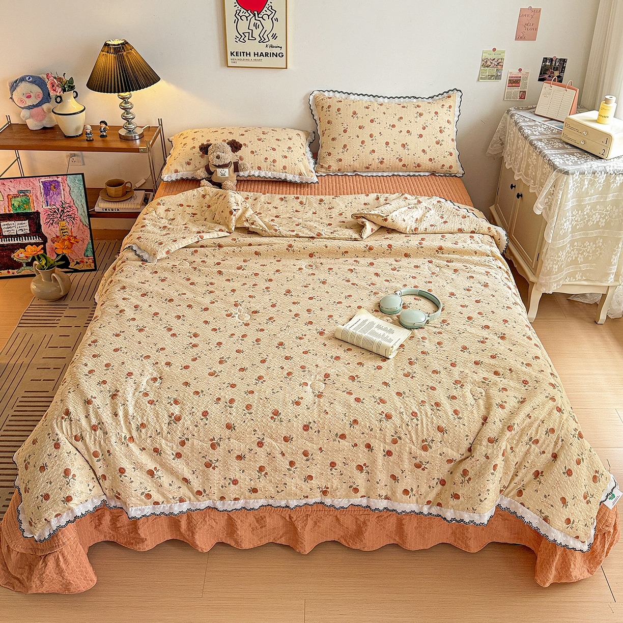 91家纺网 家纺一手货源 找家纺 富米莱（原臻工厂） 2026春夏新款云感泡芙棉复古法式花边床盖床裙被套夏凉被四件套一小红书推荐 复古花边-秋日果园