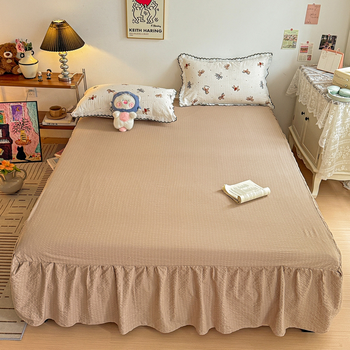 91家纺网 家纺一手货源 找家纺 富米莱（原臻工厂） 2026春夏新款云感泡芙棉复古法式花边床盖床裙被套夏凉被四件套一小红书推荐 复古花边-童趣木马