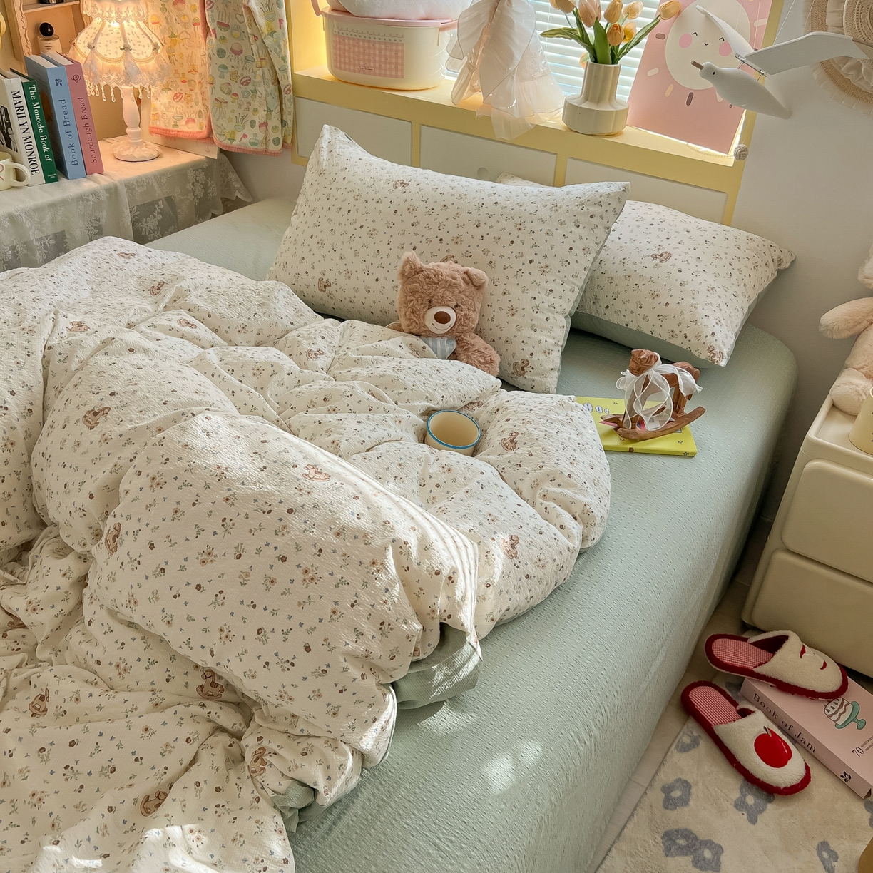 91家纺网 家纺一手货源 找家纺 韩巢家纺 2026新款泡芙纱四件套 木马小花团