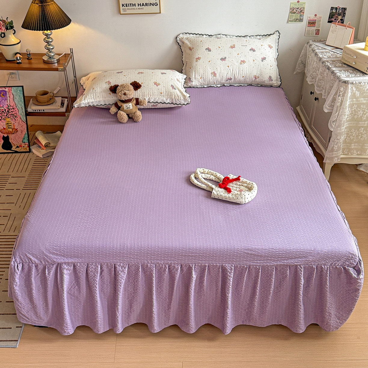 91家纺网 家纺一手货源 找家纺 富米莱（原臻工厂） 2026春夏新款云感泡芙棉复古法式花边床盖床裙被套夏凉被四件套一小红书推荐 复古花边-星月狗狗