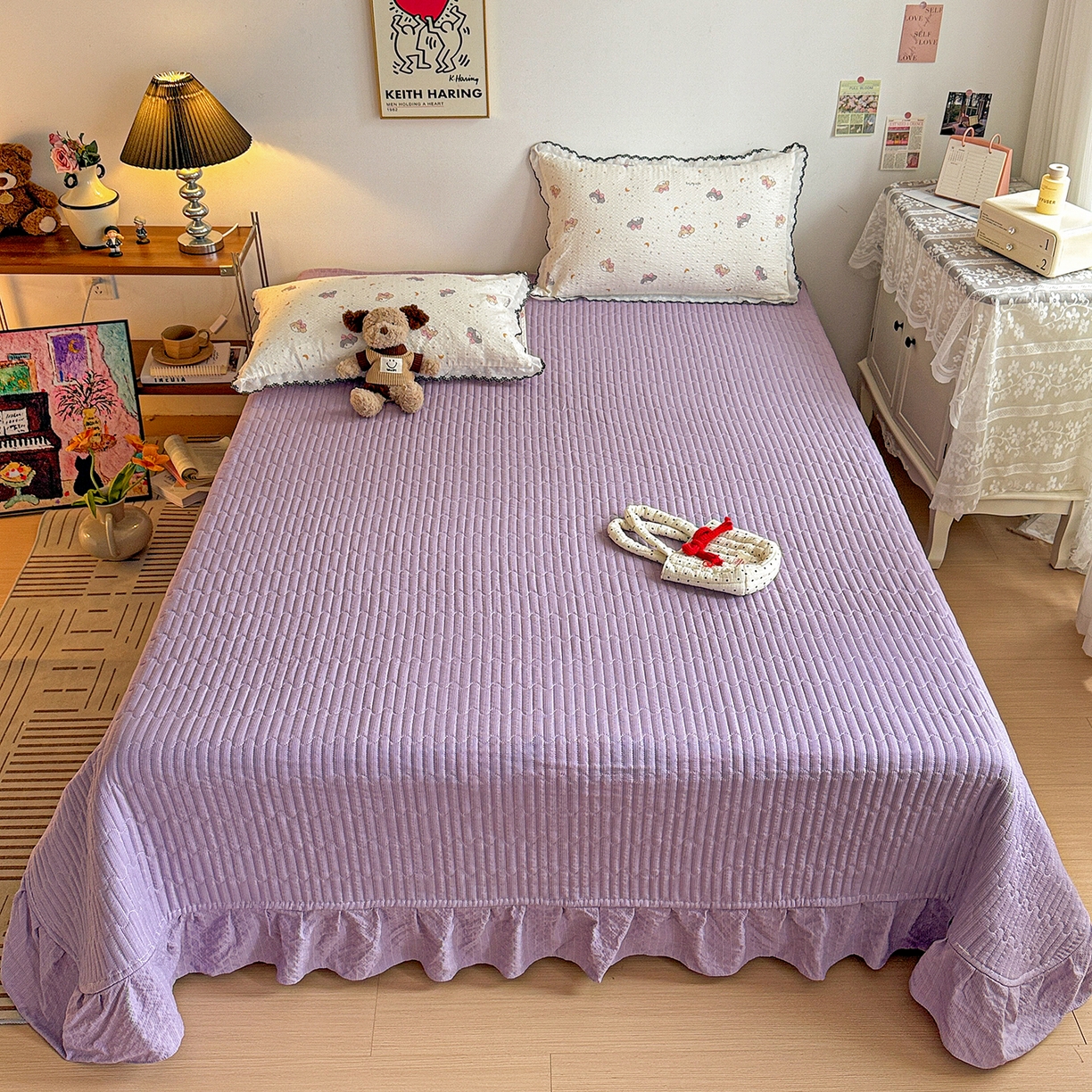 91家纺网 家纺一手货源 找家纺 富米莱（原臻工厂） 2026春夏新款云感泡芙棉复古法式花边床盖床裙被套夏凉被四件套一小红书推荐 复古花边-星月狗狗