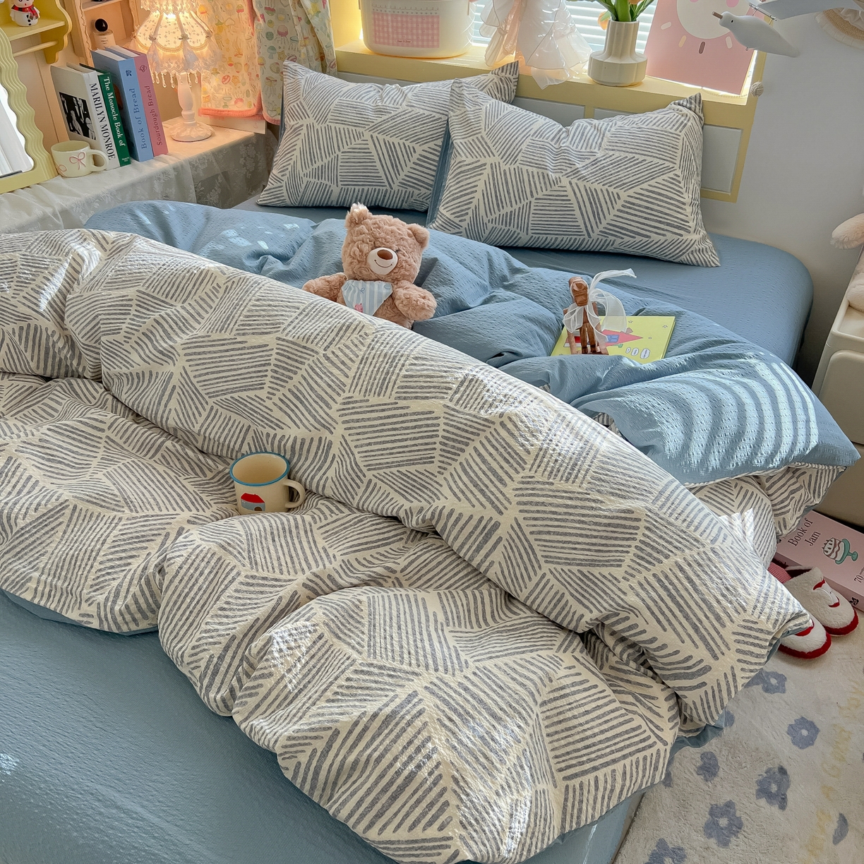 91家纺网 家纺一手货源 找家纺 韩巢家纺 2026新款泡芙纱四件套 浅川纹