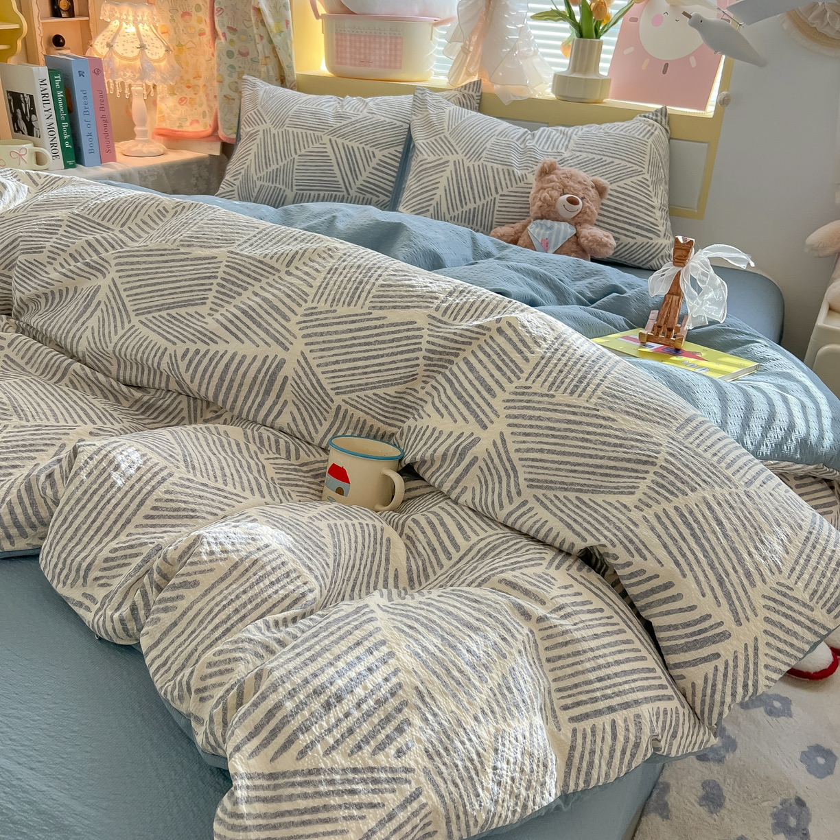 91家纺网 家纺一手货源 找家纺 韩巢家纺 2026新款泡芙纱四件套 浅川纹