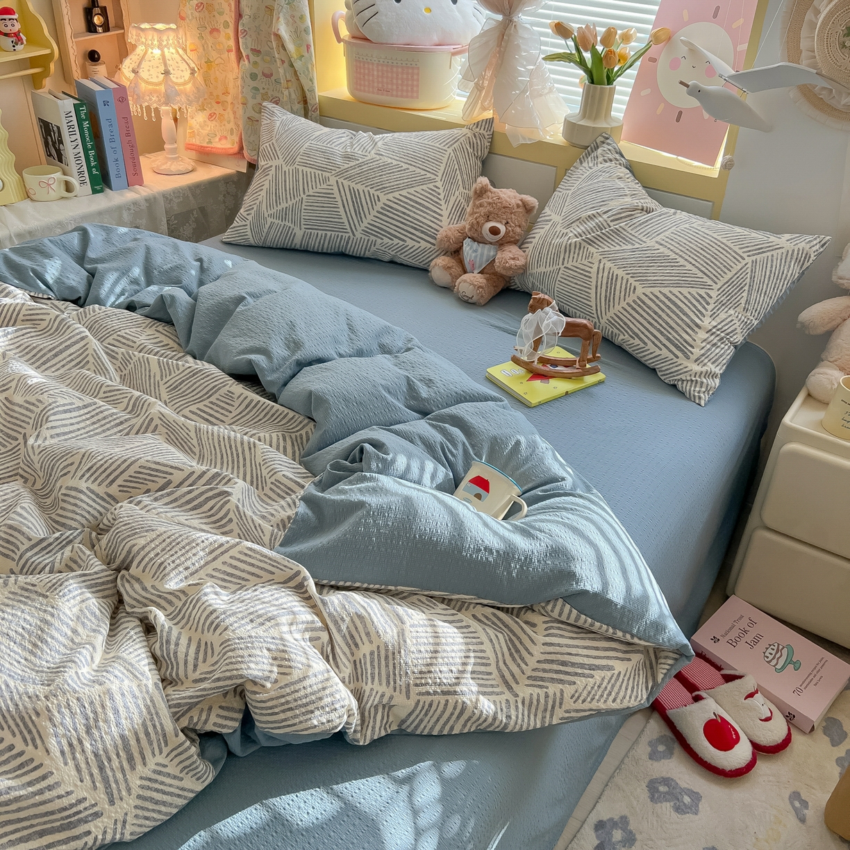 91家纺网 家纺一手货源 找家纺 韩巢家纺 2026新款泡芙纱四件套 浅川纹