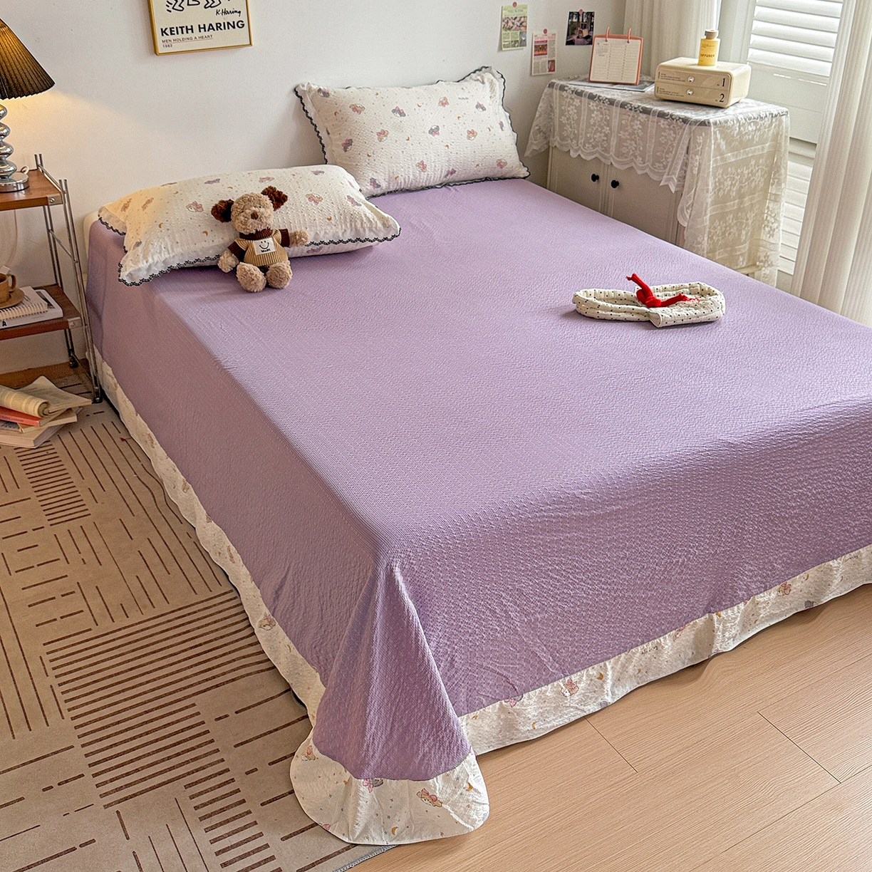 91家纺网 家纺一手货源 找家纺 富米莱（原臻工厂） 2026春夏新款云感泡芙棉复古法式花边床盖床裙被套夏凉被四件套一小红书推荐 复古花边-星月狗狗