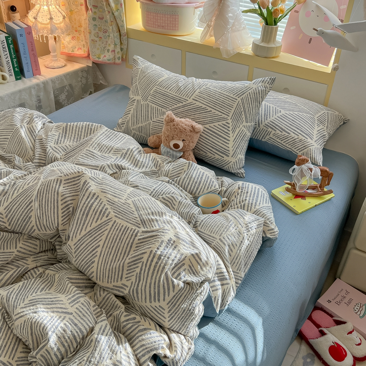 91家纺网 家纺一手货源 找家纺 韩巢家纺 2026新款泡芙纱四件套 浅川纹