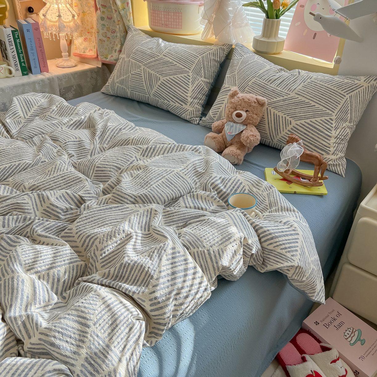 91家纺网 家纺一手货源 找家纺 韩巢家纺 2026新款泡芙纱四件套 浅川纹