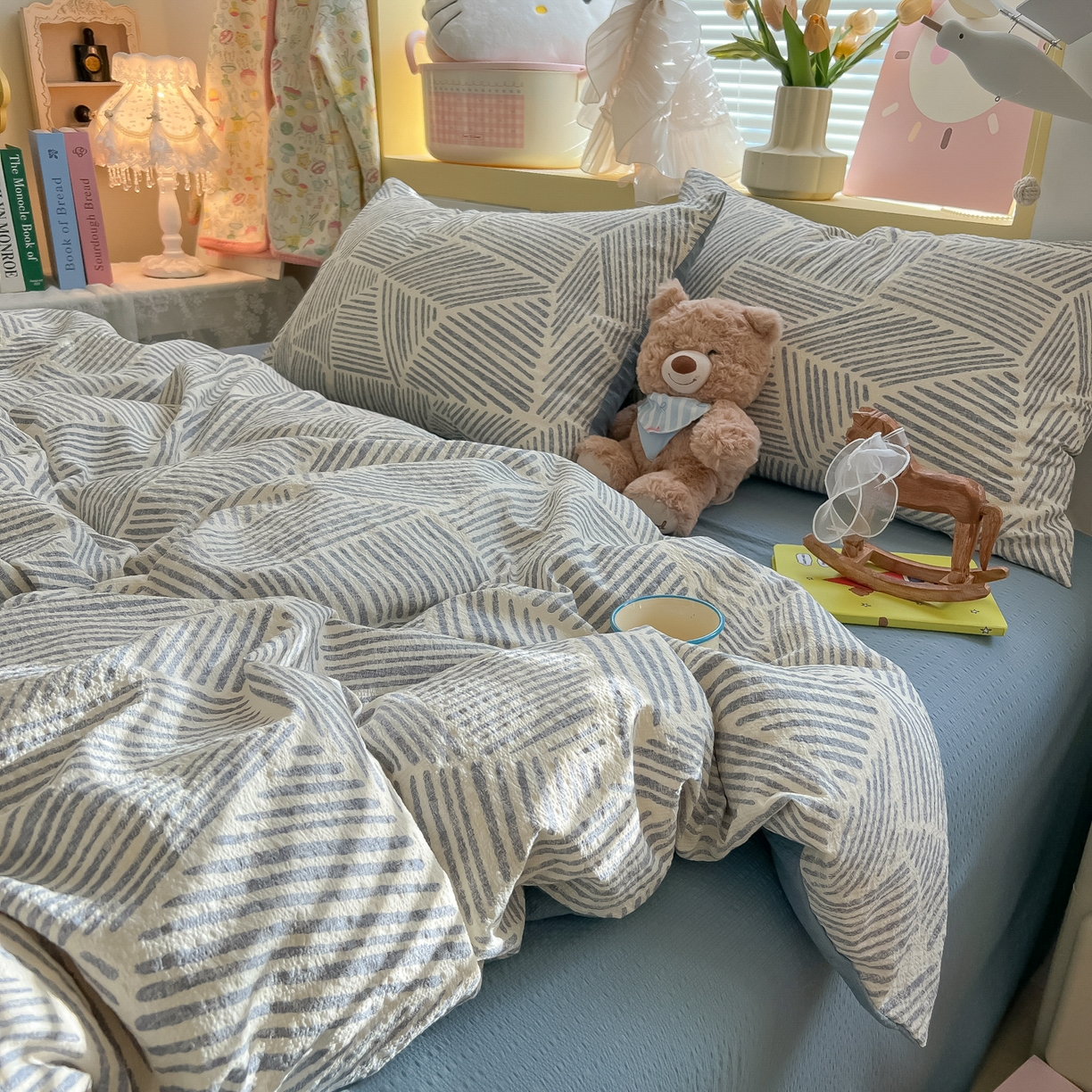 91家纺网 家纺一手货源 找家纺 韩巢家纺 2026新款泡芙纱四件套 浅川纹