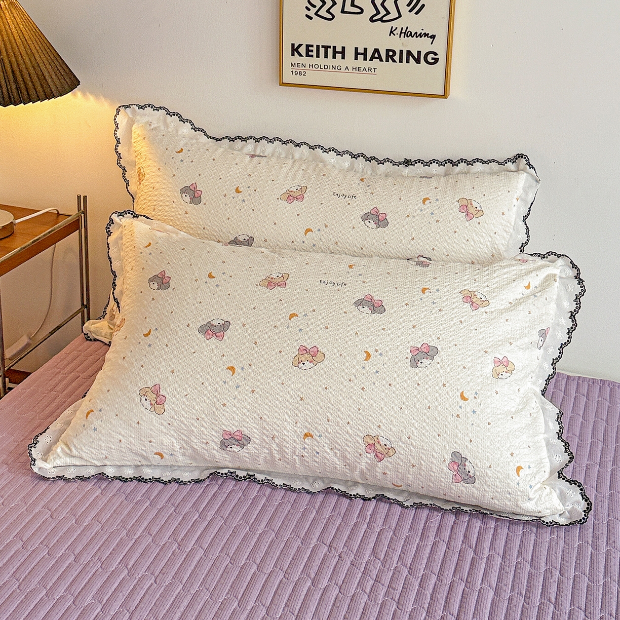 91家纺网 家纺一手货源 找家纺 富米莱（原臻工厂） 2026春夏新款云感泡芙棉复古法式花边床盖床裙被套夏凉被四件套一小红书推荐 复古花边-星月狗狗