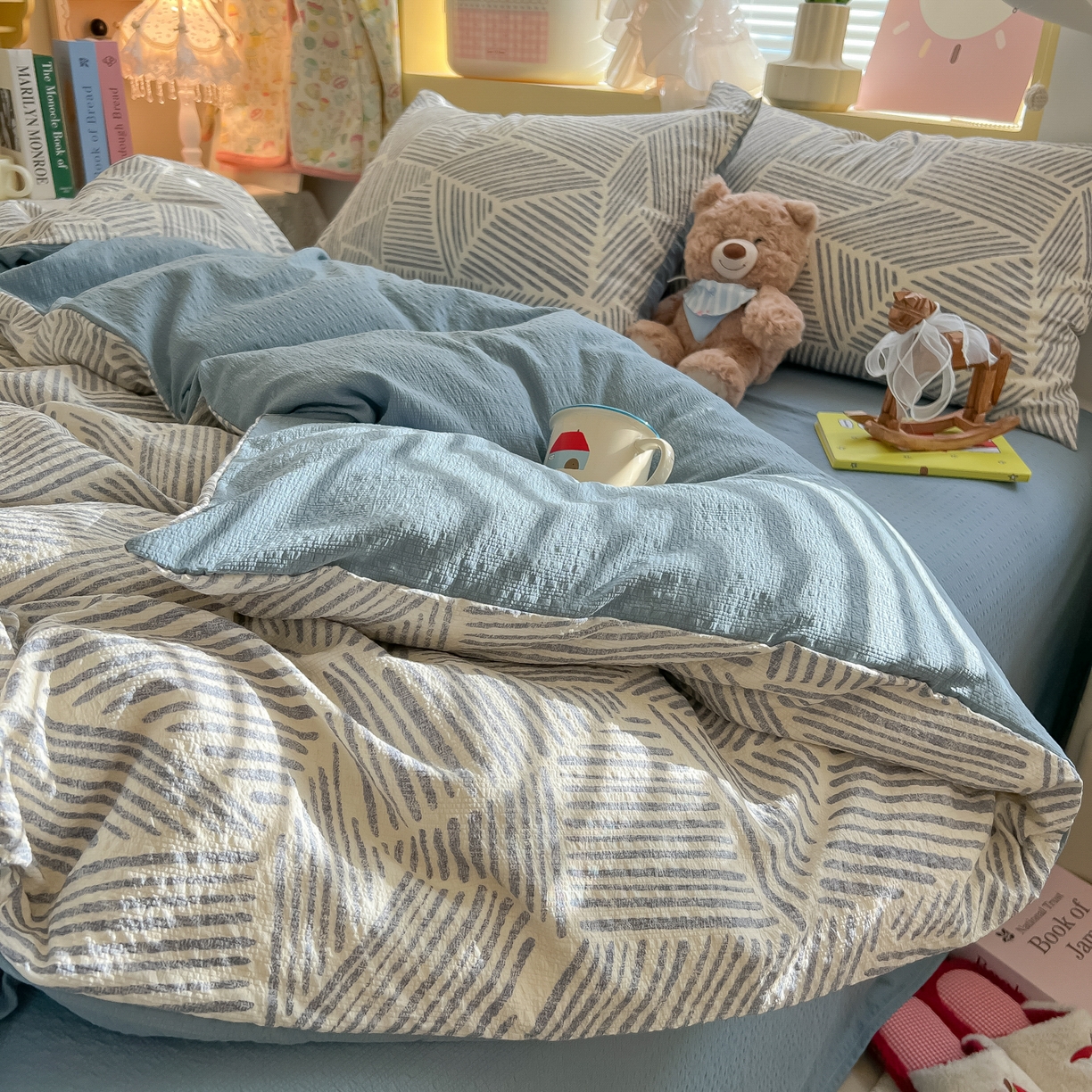 91家纺网 家纺一手货源 找家纺 韩巢家纺 2026新款泡芙纱四件套 浅川纹