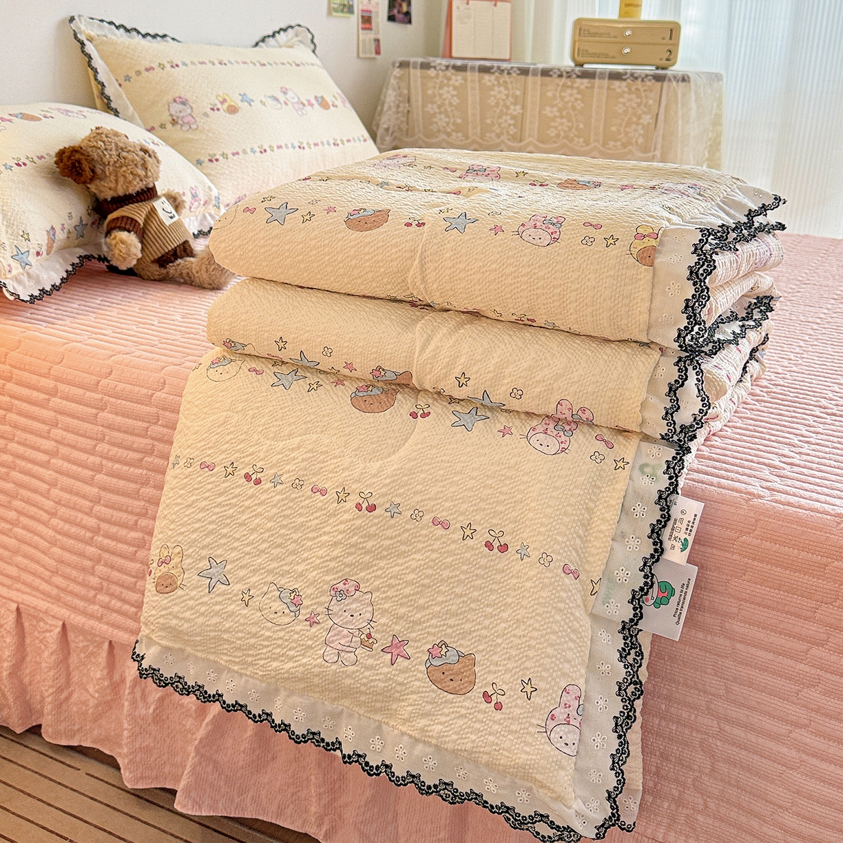 91家纺网 家纺一手货源 找家纺 富米莱（原臻工厂） 2026春夏新款云感泡芙棉复古法式花边床盖床裙被套夏凉被四件套一小红书推荐 复古花边-星月童话